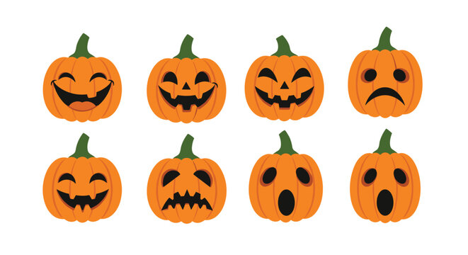 Collection of eight orange halloween jack o lantern pumpkins displaying diverse facial expressions from happy to spooky and sad.