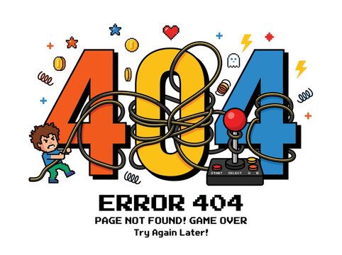 Vector art: 404 'Page Not Found' error, retro gamer with tangled joystick cable around numbers, 'game over'.