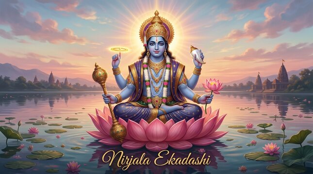 Lord Vishnu sitting on pink lotus flower for Nirjala Ekadashi banner