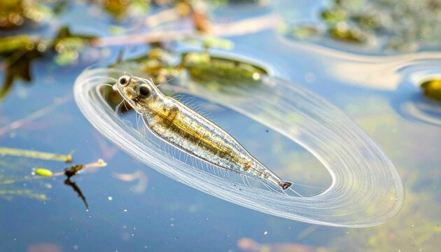 Close-up macro of paramecium ciliate spinning in pond water with visible cilia