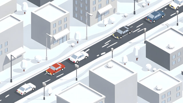 isometric city street with white snow gray buildings and colorful cars driving on road