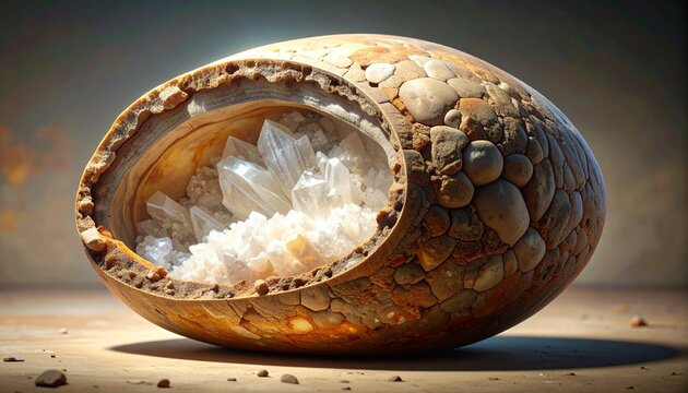 Cross-section of septarian nodule with calcite crystal fill and brown mudstone