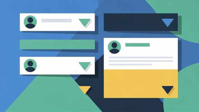 abstract blue green yellow chat bubbles with user icons and dropdown arrows design