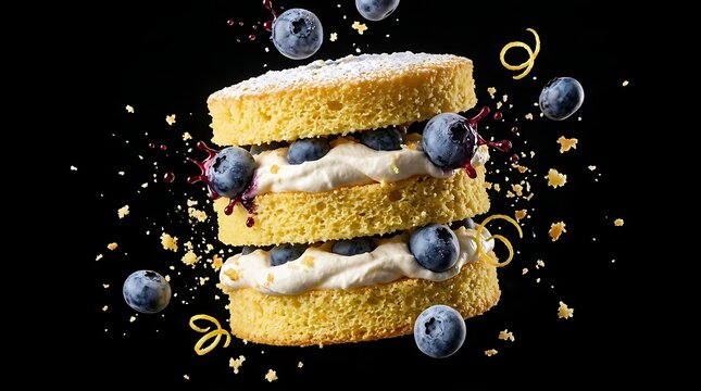 Potongan kue bolu meledak dengan percikan bluberi dan krim vanila di latar hitam, melambangkan kesegaran buah dan kelezatan dinamis