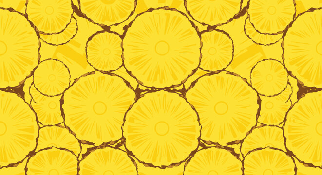 Vibrant and delicious repeating pattern of fresh pineapple slices with their textured outer edges on a bright yellow background.