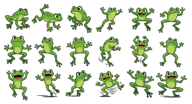 Collection of cartoon green frogs dancing.