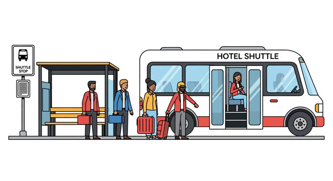 People waiting at bus stop with luggage.