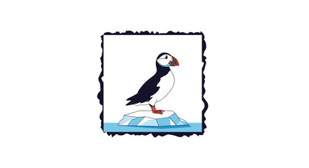 Fototapeta premium Puffin bird with its distinctive colorful beak standing on a small piece of floating ice in the middle of a dark blue rectangular frame.