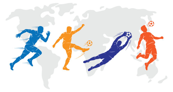 Silhouettes of soccer players in action against a world map background