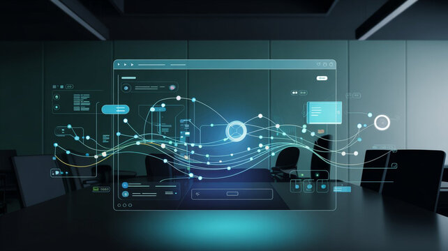 Holographic display of data flow and network connections in a conference room setting, innovation.