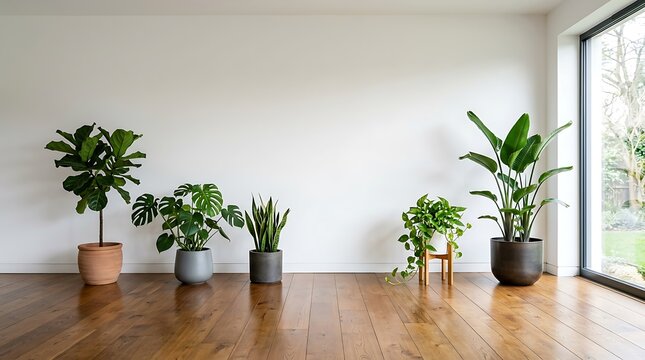 A minimalist interior featuring a collection of potted houseplants arranged on a polished wooden floor