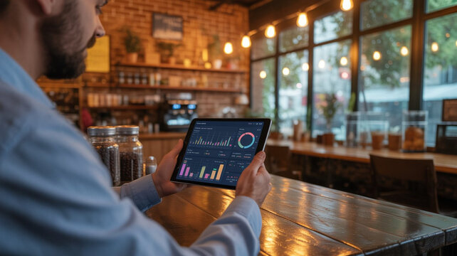 Restaurant manager utilizing advanced software to monitor real time sales data on portable pad.