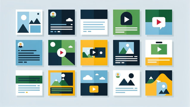modern digital multimedia interface with video thumbnails and image previews in colorful panels
