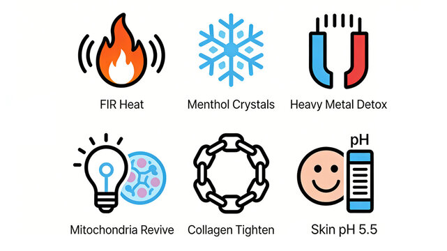Presenting icons such as far-infrared thermal therapy, collagen tightening, and pH balance, the concept of deep detoxification and skin health maintenance empowered by technology.

