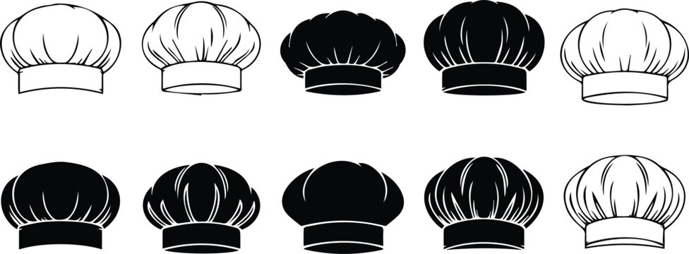 Vector icon set of professional chef hats and cook toques featuring various styles in black and white silhouettes for restaurant and bakery branding