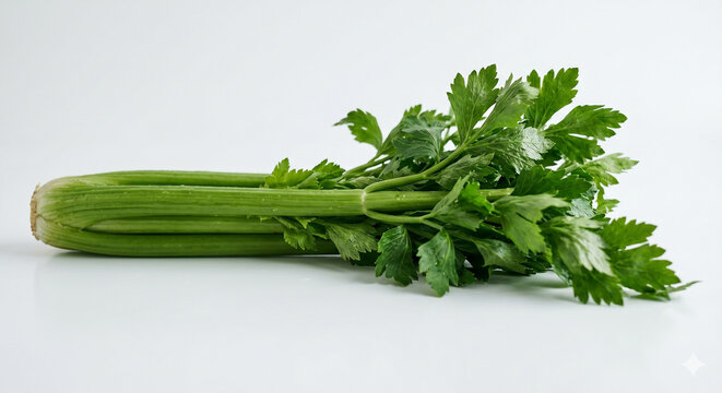 Fresh Celery Stalks With Leaves On White Background Healthy Green Vegetable Closeup