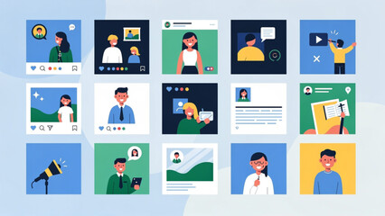 Fototapeta premium diverse people social media profiles blue green yellow backgrounds communication icons