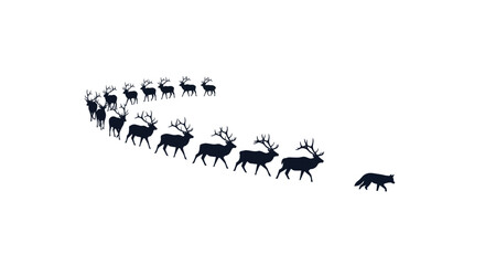 Fototapeta premium Wolf Herding Deer Herd Silhouette on White Background