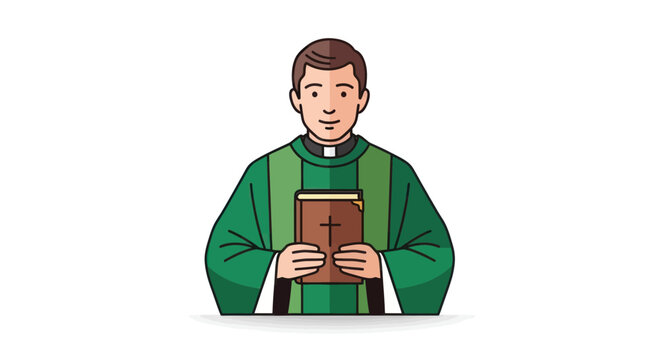 Priest Holding Bible, Wearing Cassock and Clerical Collar, Religious Man Illustration