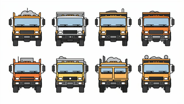 set of orange yellow and beige mining trucks front and rear view icons