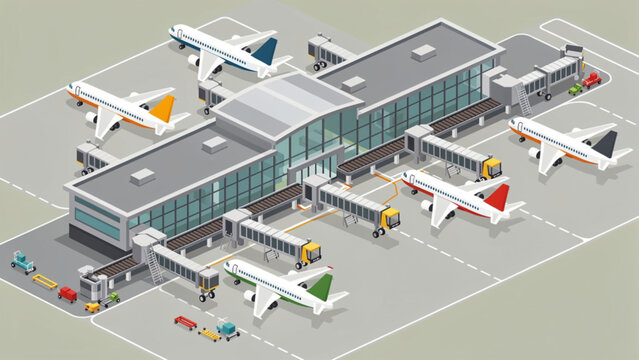 isometric airport terminal with white airplanes various colors vehicles and boarding gates