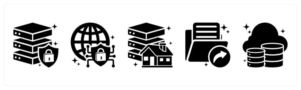 A set of 5 mix icons as secure server, secure connection, home server