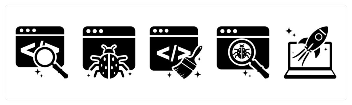 A set of 5 mix icons as code search, bug, clean code