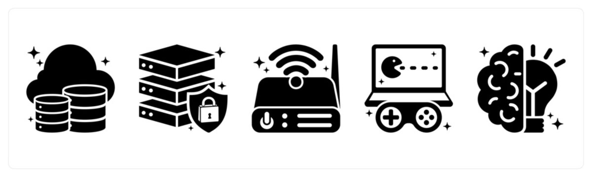 A set of 5 mix icons as data center, secure server, router