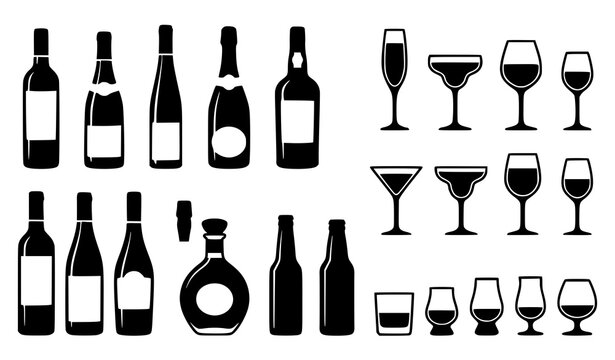 Wine, Champagne Bottle and Glass Icon Collection for Luxury Beverage Design