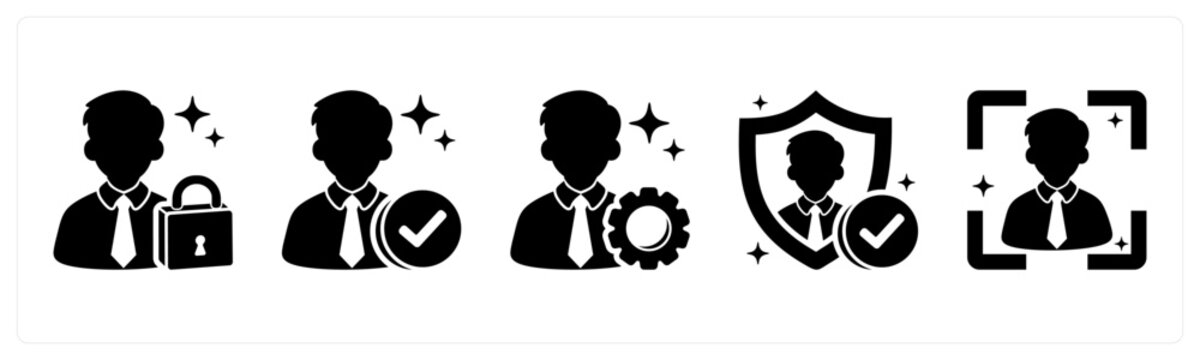 A set of 5 mix icons as user lock, user check, admin