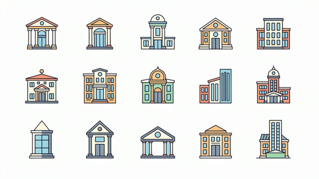 colorful line art of various classical and modern government buildings and offices