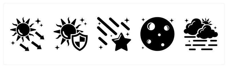 A set of 5 mix icons as uv, uv protection, shooting star © popcornarts
