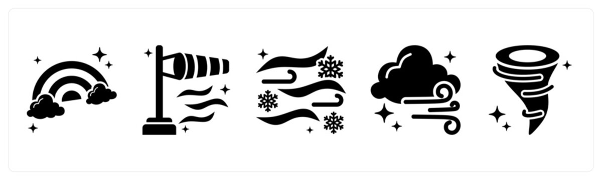 A set of 5 mix icons as rainbow, wind direction, blizzard