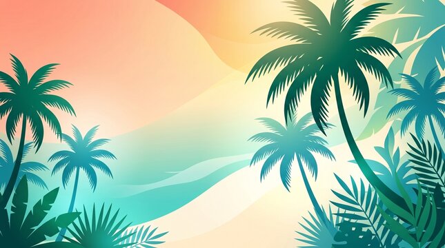 Vector illustration of a serene tropical beach oasis with stylized palm trees, lush foliage, and a soft pastel sunset gradient background.