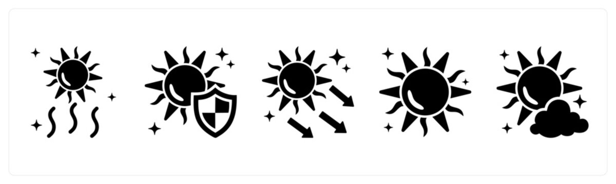 A set of 5 mix icons as heatwave, uv protection, uv