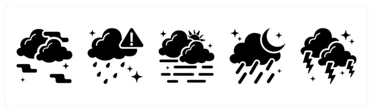 A set of 5 mix icons as fog, weather alert, haze