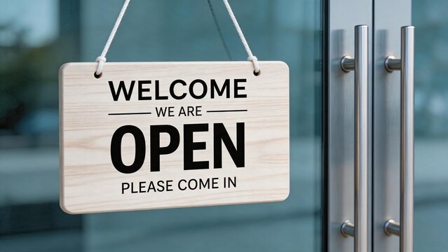 Wooden welcome sign hanging on glass door saying we are open please come in, inviting customers to enter shop or office, symbolizing hospitality, openness, and readiness for
