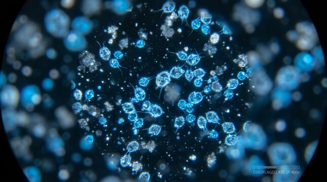 Microscopic view of Dinoflagellata sp. phytoplankton at 400x magnification, featuring bioluminescent microorganisms glowing blue against a dark field background.