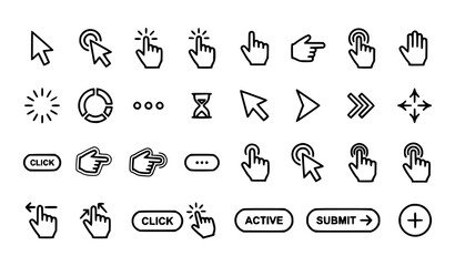 Fototapeta premium Mouse Cursor Hand Click Pointer and User Interface Black Outline Vector Icon Set