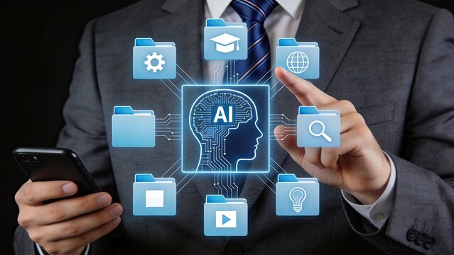 Artificial intelligence AI brain hologram with folder icons, machine learning, deep learning, neural network, big data processing, cloud storage, futuristic technology,