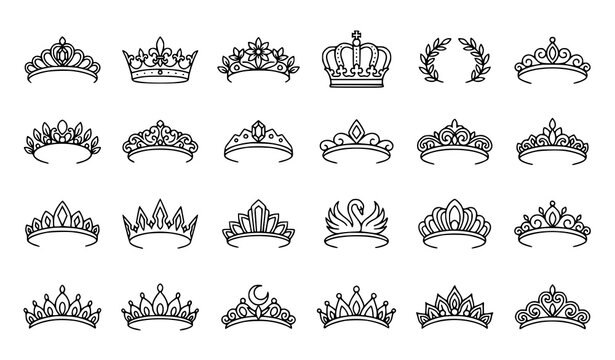 Luxury Princess Tiara and Royal Crown Decorative Outline Black and White Vector Set