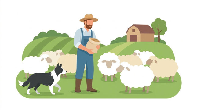 A bearded farmer in overalls and hat feeds sheep from a bag while his border collie stands nearby in a green pasture with a barn and rolling hills in the background