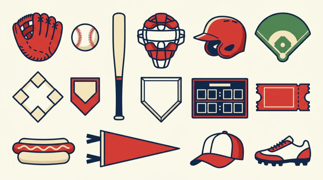 Flat lay composition showcasing a collection of baseball equipment and symbols, including a glove, bat, ball, and field, set against a light cream background with a sporty, graphic style
