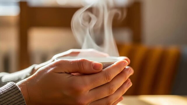 Hands holding a warm mug with steam rising in soft sunlight