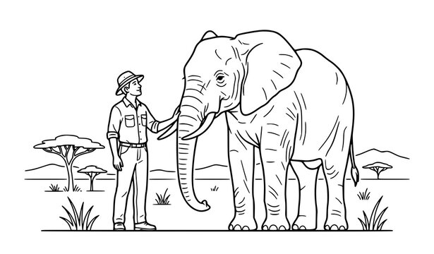 Safari park ranger standing with an African elephant line art illustration. Wildlife conservation and zoo keeper coloring page vector.