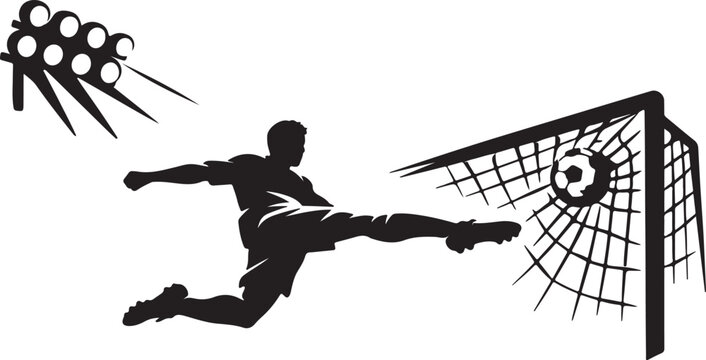 Football player silhouette scoring a goal on white background