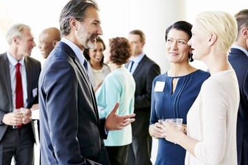 Obraz premium Executives discussing ideas at corporate networking reception