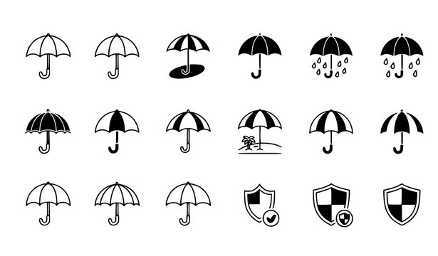 Weather forecast and umbrella line icons set. Rain protection, shielding, and rainy day linear symbols isolated on white background.