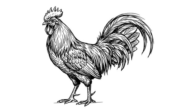 Vintage rooster cock sketch drawing illustration. Farm animals poultry bird engraving art isolated on white background