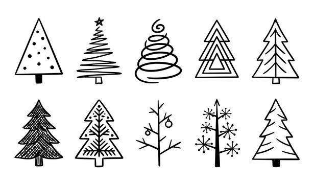 Collection of minimalist Christmas tree icons. Geometric pine trees line art and silhouettes set for winter holidays design